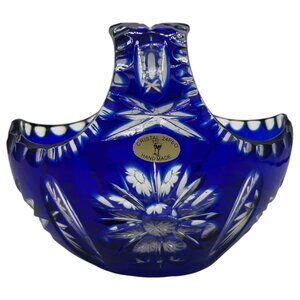 Vintage Cristal 24% Pbo Handmade Cobalt Blue Glass Basket Heavy Lead Crystal